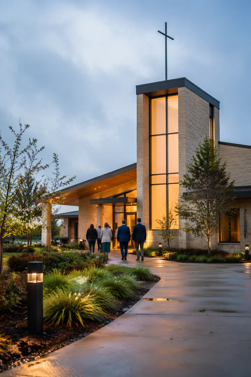 Modern Church Exterior on Quiet Sunday Morning