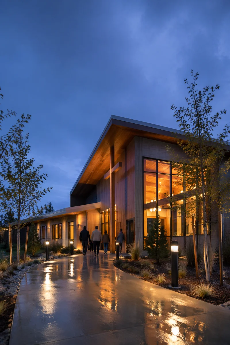 Modern Church Exterior at Blue Hour