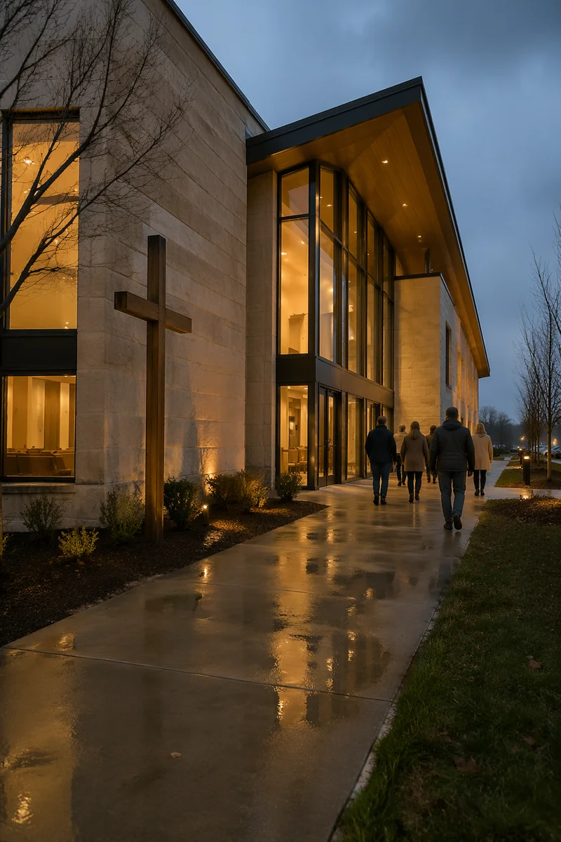 Modern Church Exterior After Rain