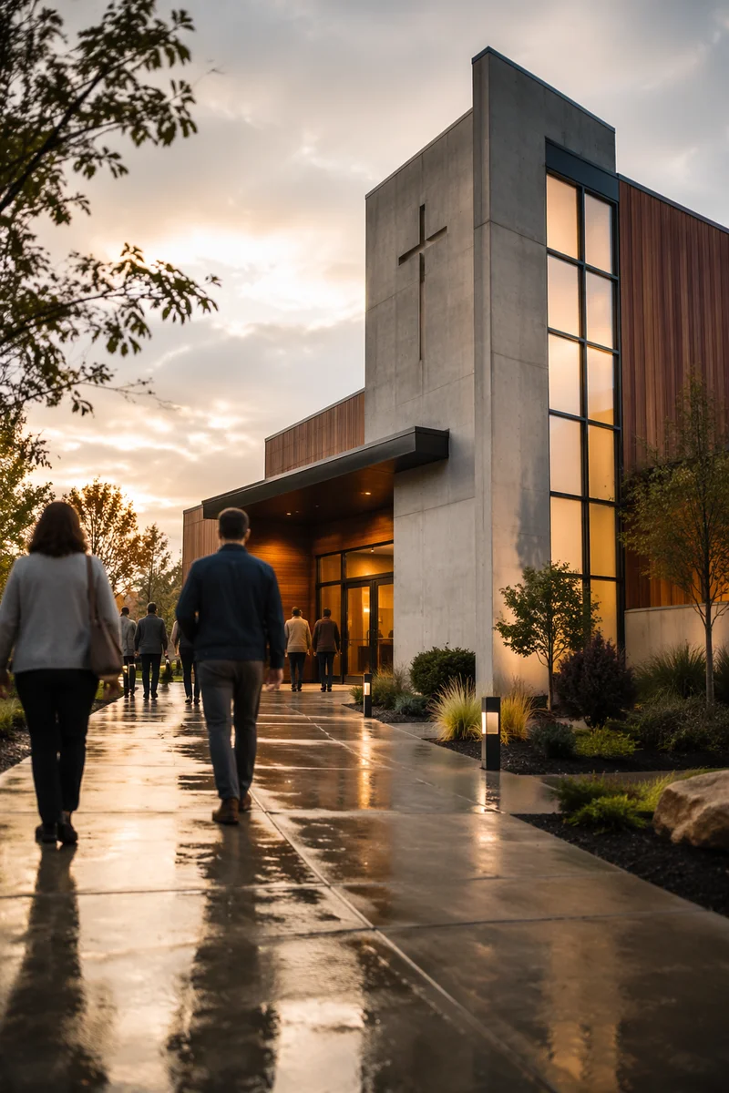 Modern Church Exterior at Golden Hour