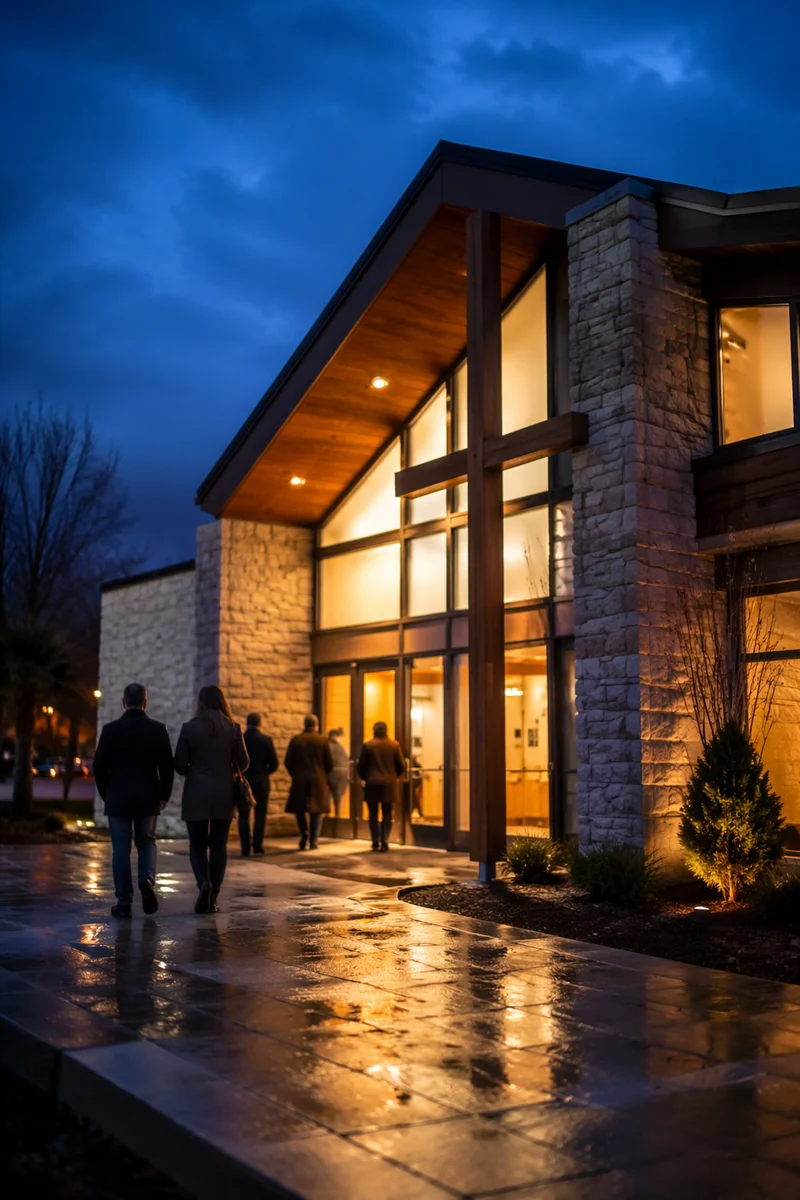 Modern Church Entrance at Rainy Blue Hour