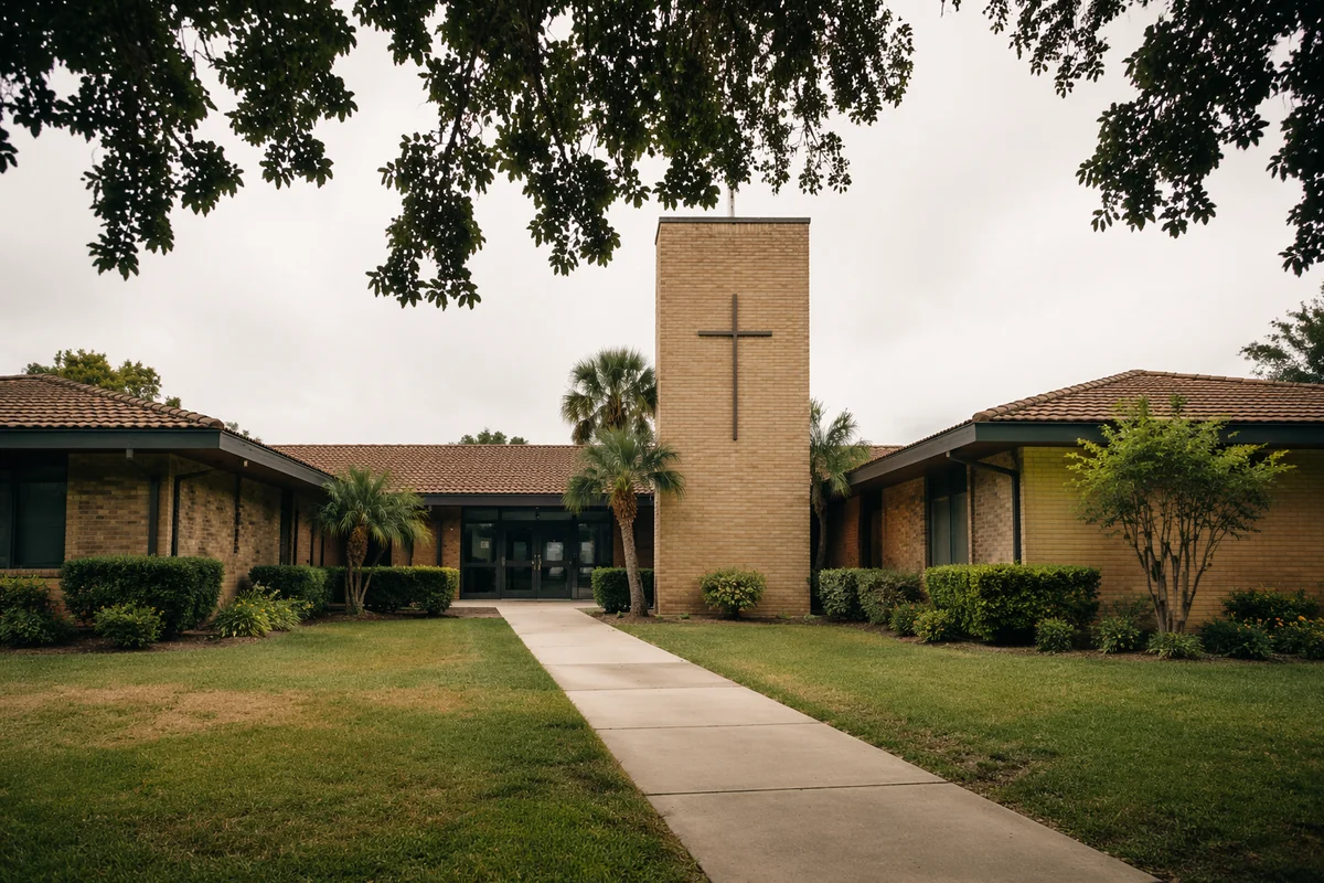 Modern Community Church Exterior with Bell Tower