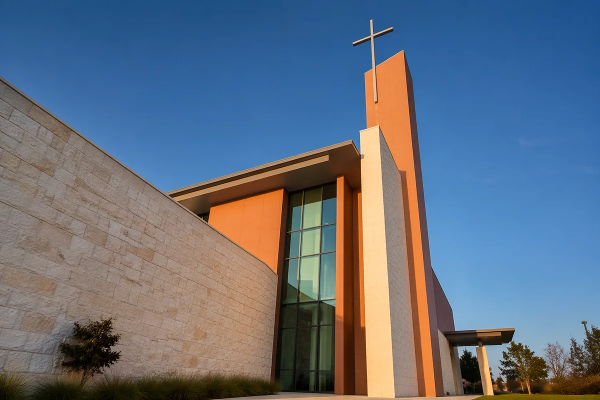 Modern Church Exterior with Tower and Cross
