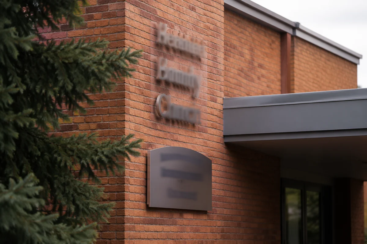 Modern Church Brick Facade with Signage
