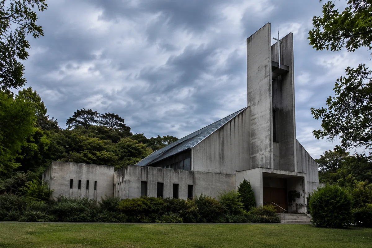 Modern Brutalist Church Exterior in Overcast Light