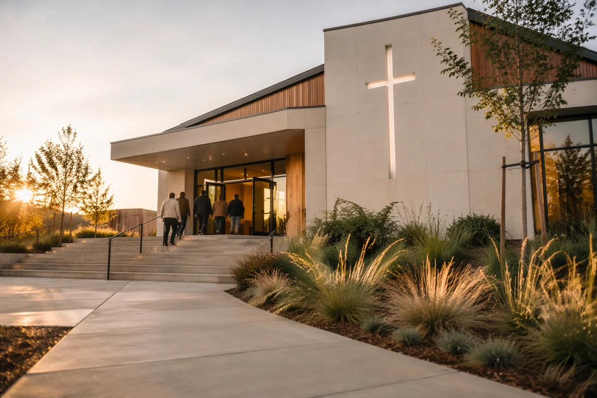 Modern Church Exterior at Sunday Sunrise
