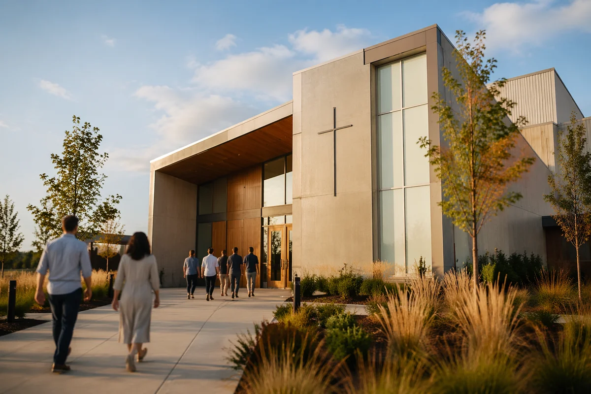 Modern Community Church Exterior at Sunrise