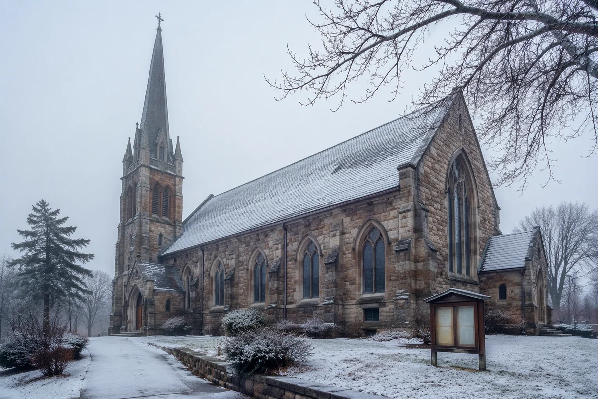 Modern Church Exterior on Winter Morning