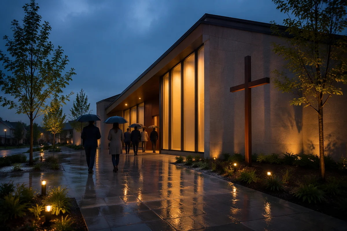 Modern Church Exterior at Peaceful Blue Hour