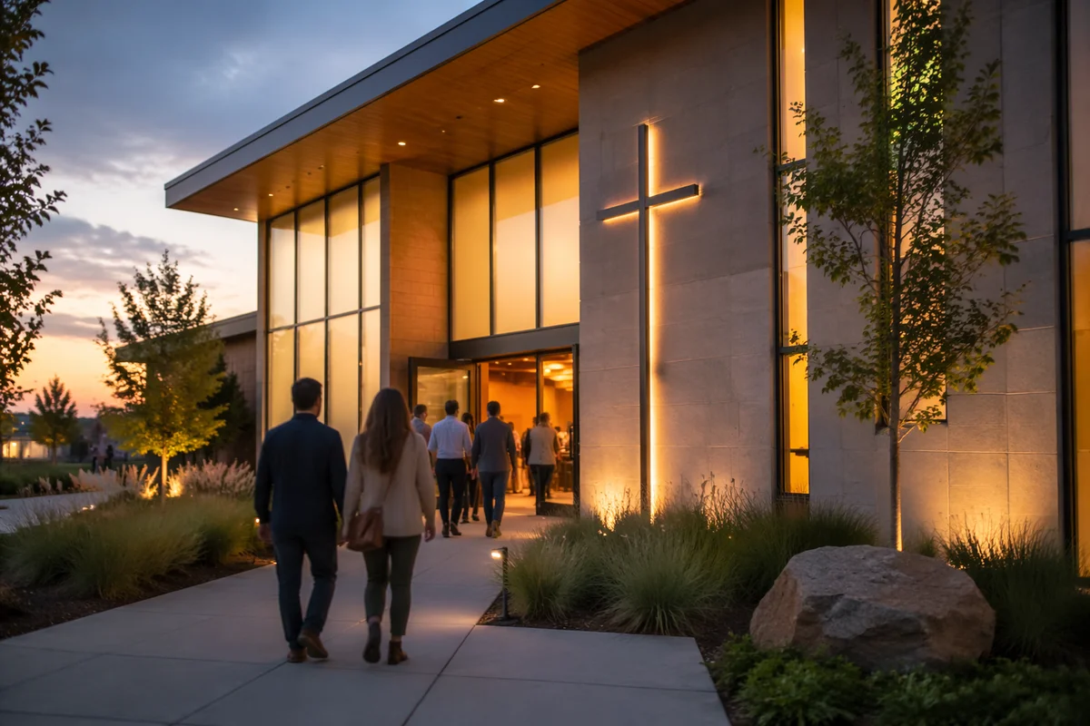 Modern Church Exterior at Golden Evening