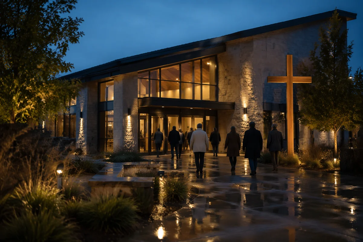 Modern Church Exterior at Rainy Blue Hour