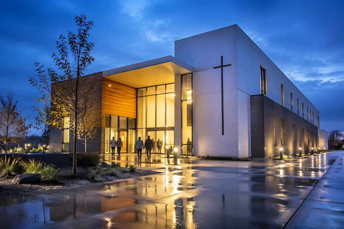 Modern Church Exterior at Peaceful Blue Hour
