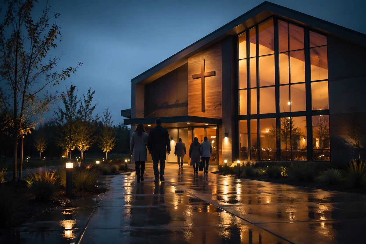 Modern Church Exterior at Peaceful Blue Hour