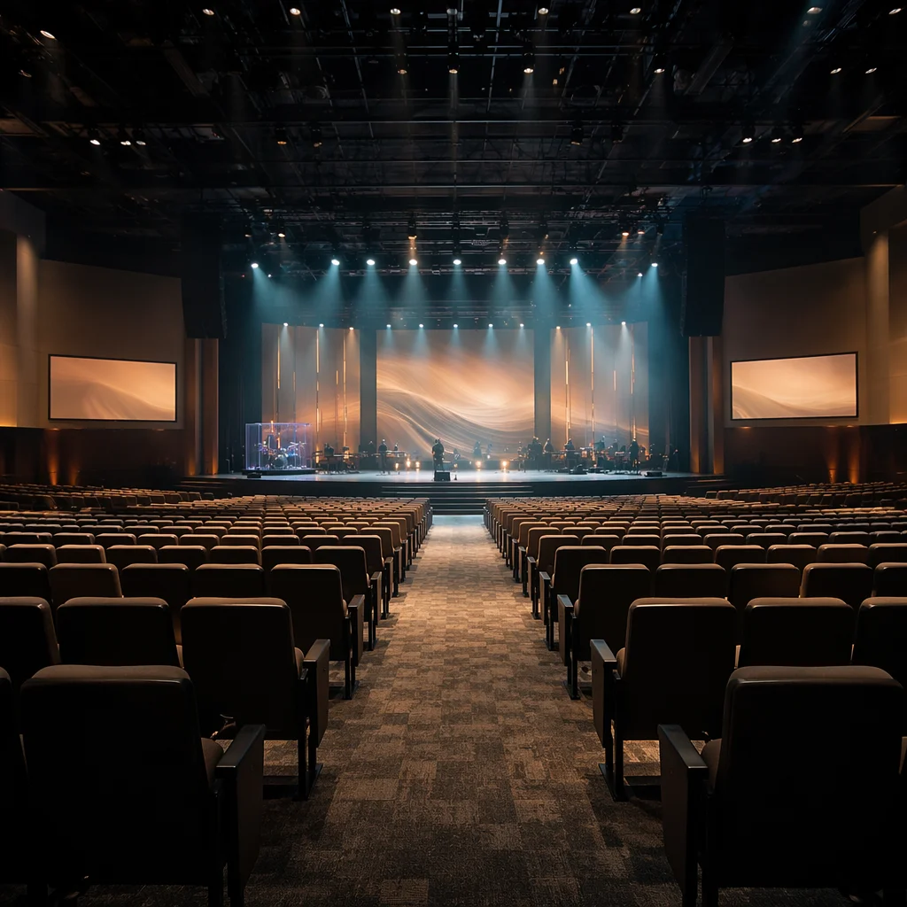 Modern Megachurch Auditorium Stage Rehearsal Lights