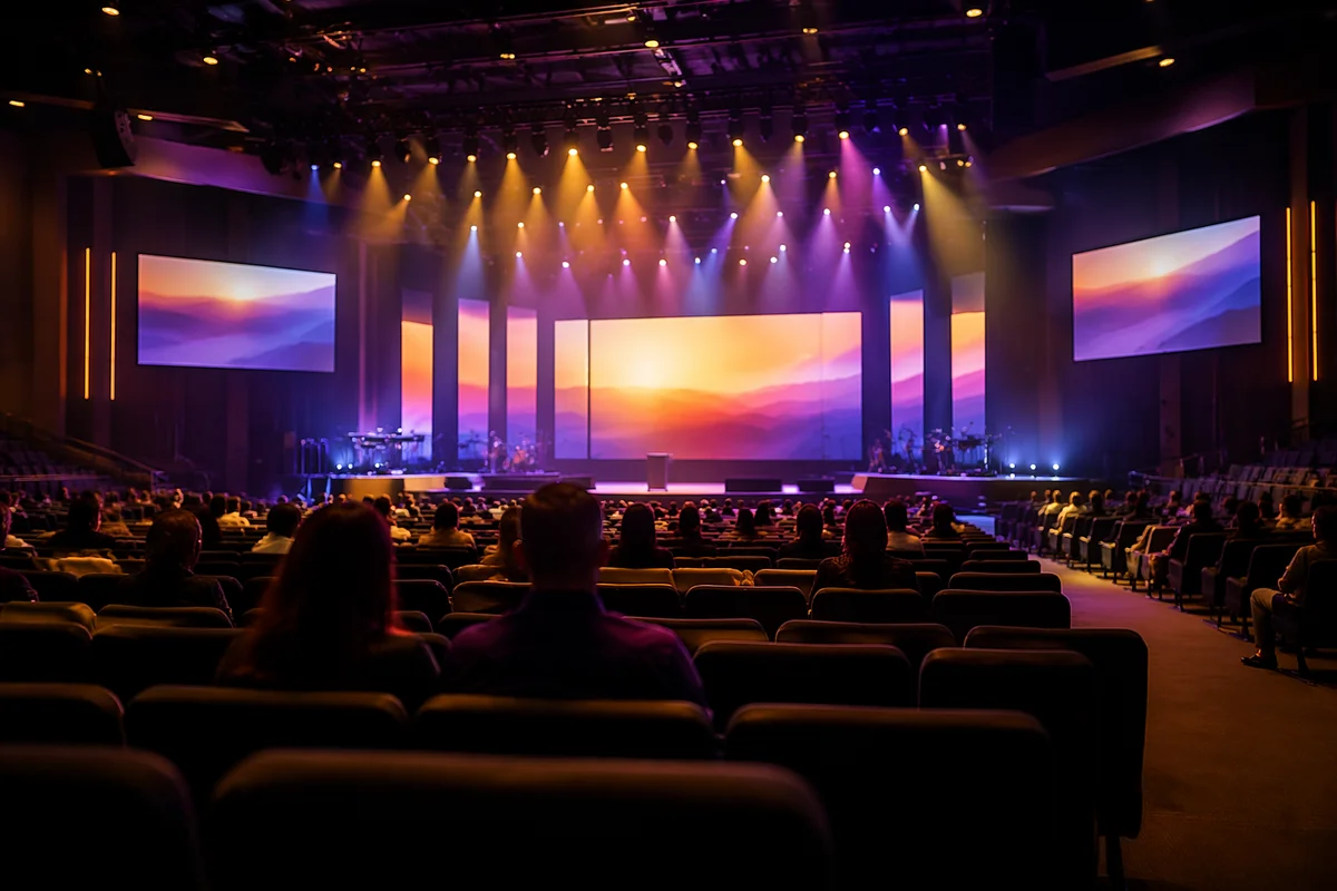 Modern Megachurch Auditorium with Glowing Stage Lights