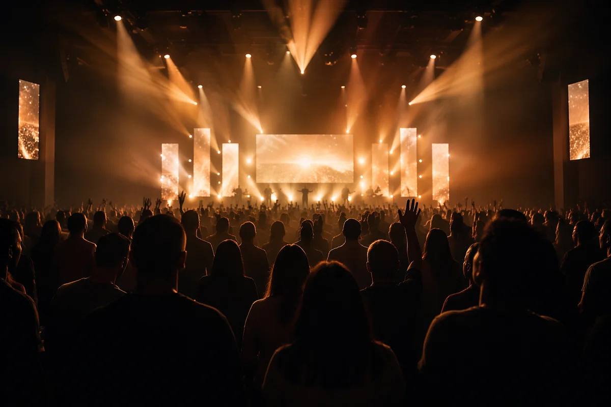 Modern Megachurch Worship Auditorium With Stage Lights