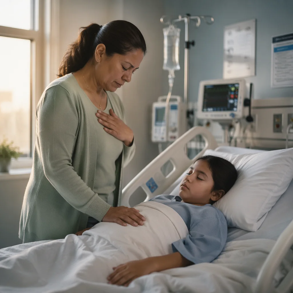Mother Praying Beside Child Hospital Bed