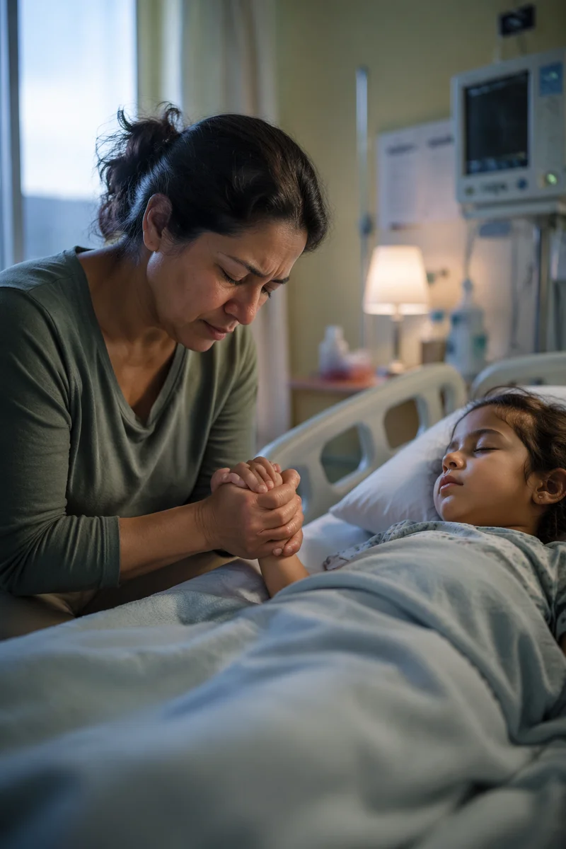 Mother Praying Beside Child Hospital Bed