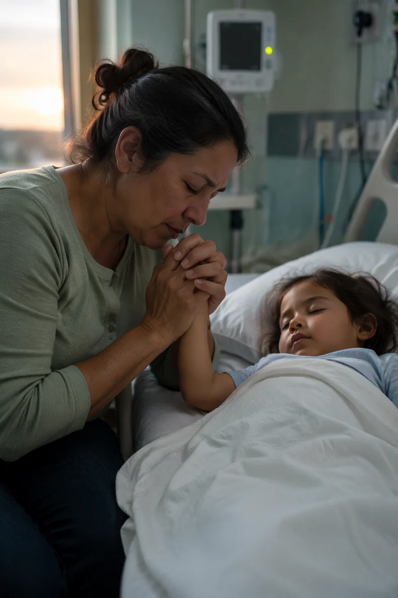 Mother Praying Beside Child Hospital Bed