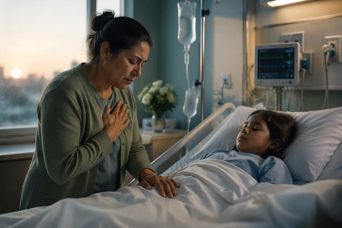 Mother Praying Beside Child Hospital Bed