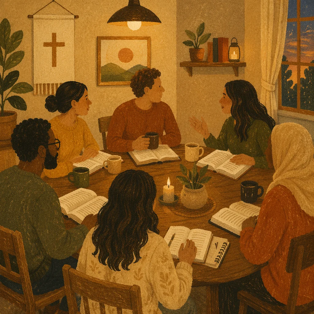 Multicultural Bible Study Fellowship Around Wooden Table