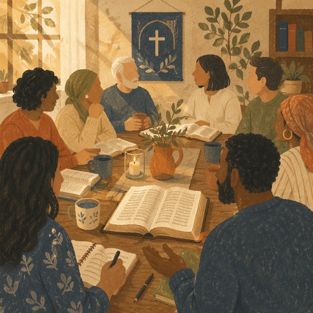 Multicultural Bible Study Fellowship Around Wooden Table
