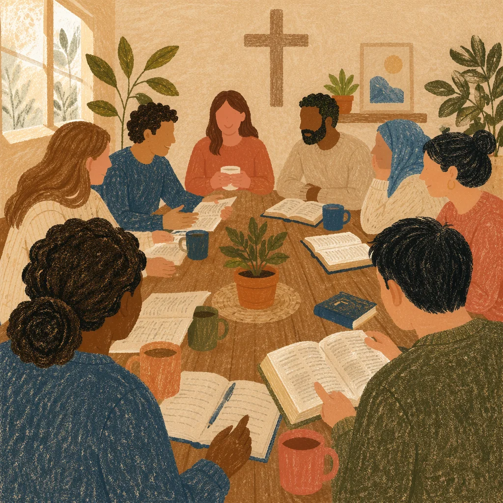 Multicultural Bible Study Around Wooden Table