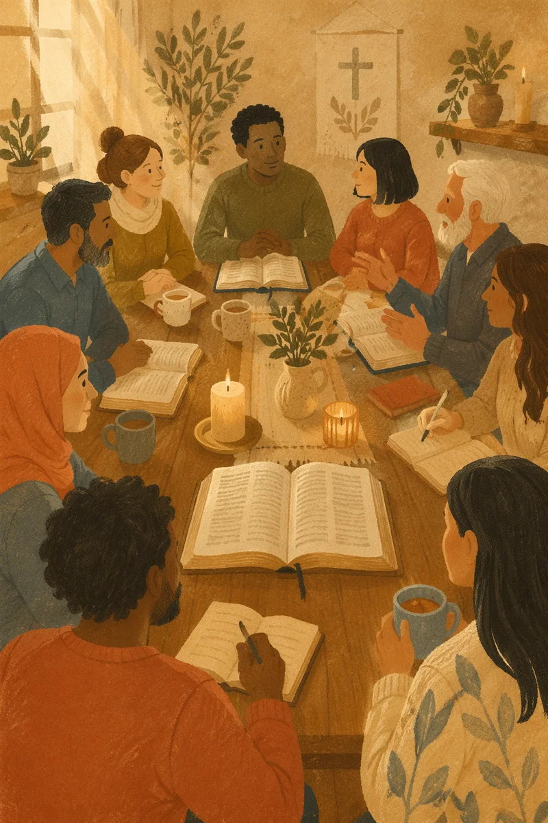 Multicultural Bible Study Fellowship Around Wooden Table