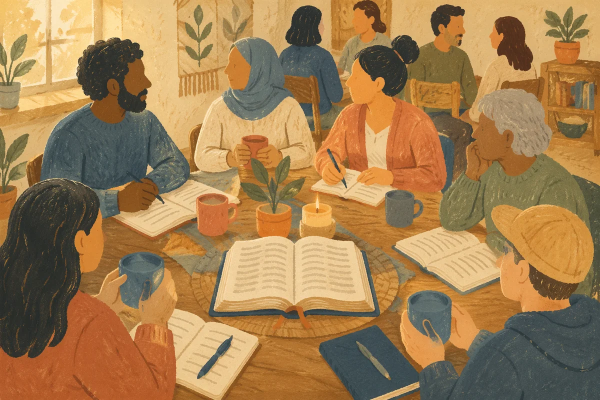Multicultural Bible Study Around Wooden Table