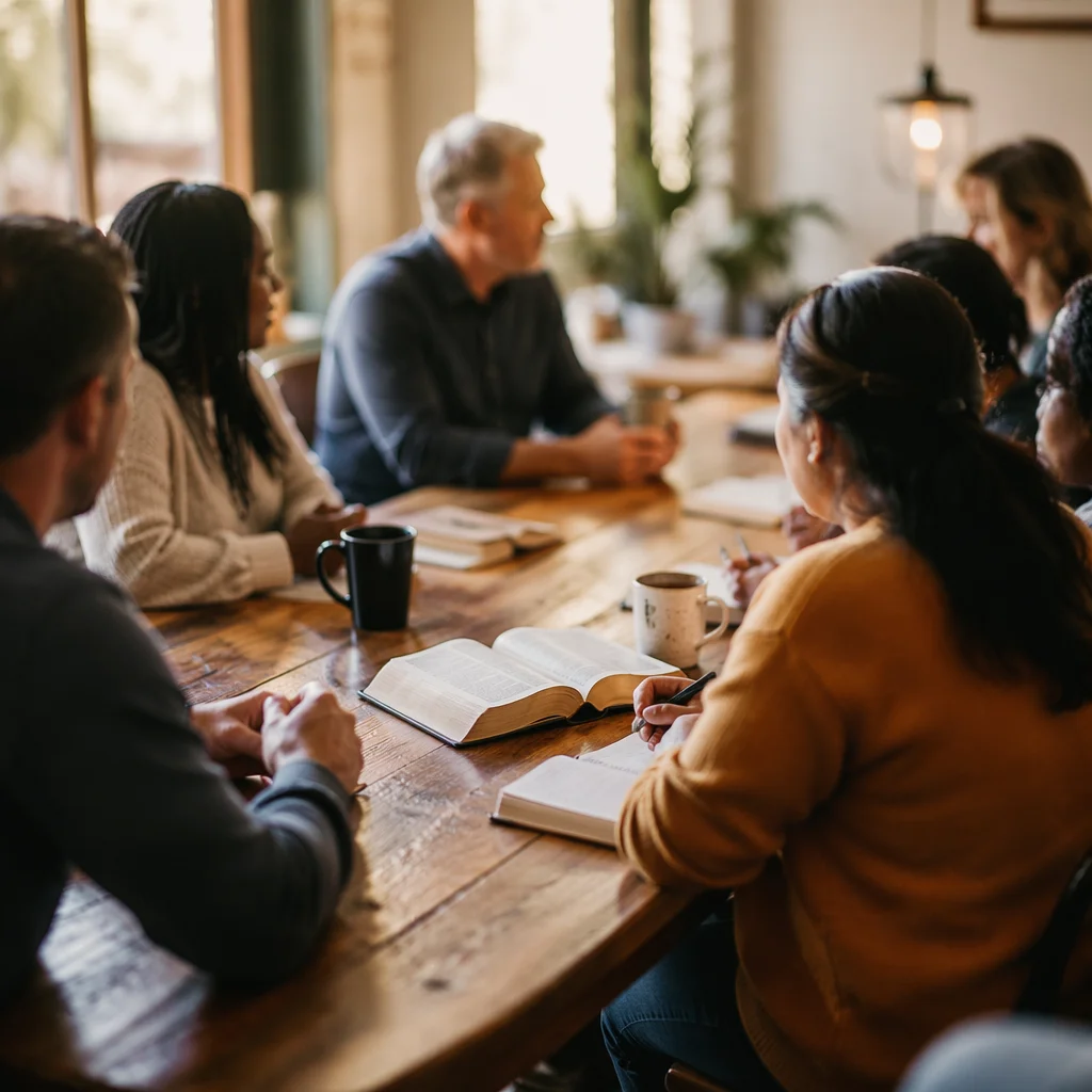 Multicultural Bible Study Fellowship Around Wooden Table