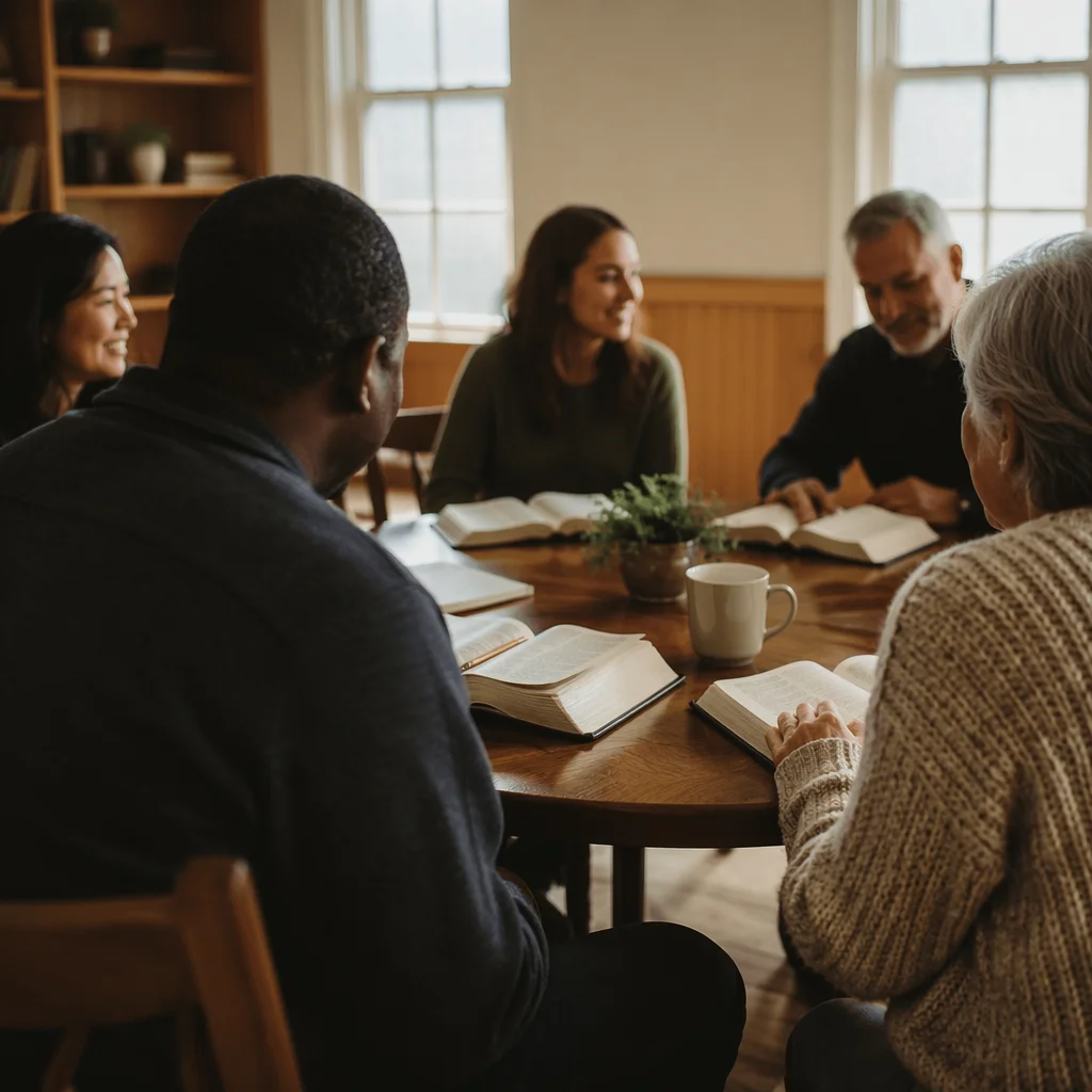 Multicultural Bible Study Fellowship Around Wooden Table