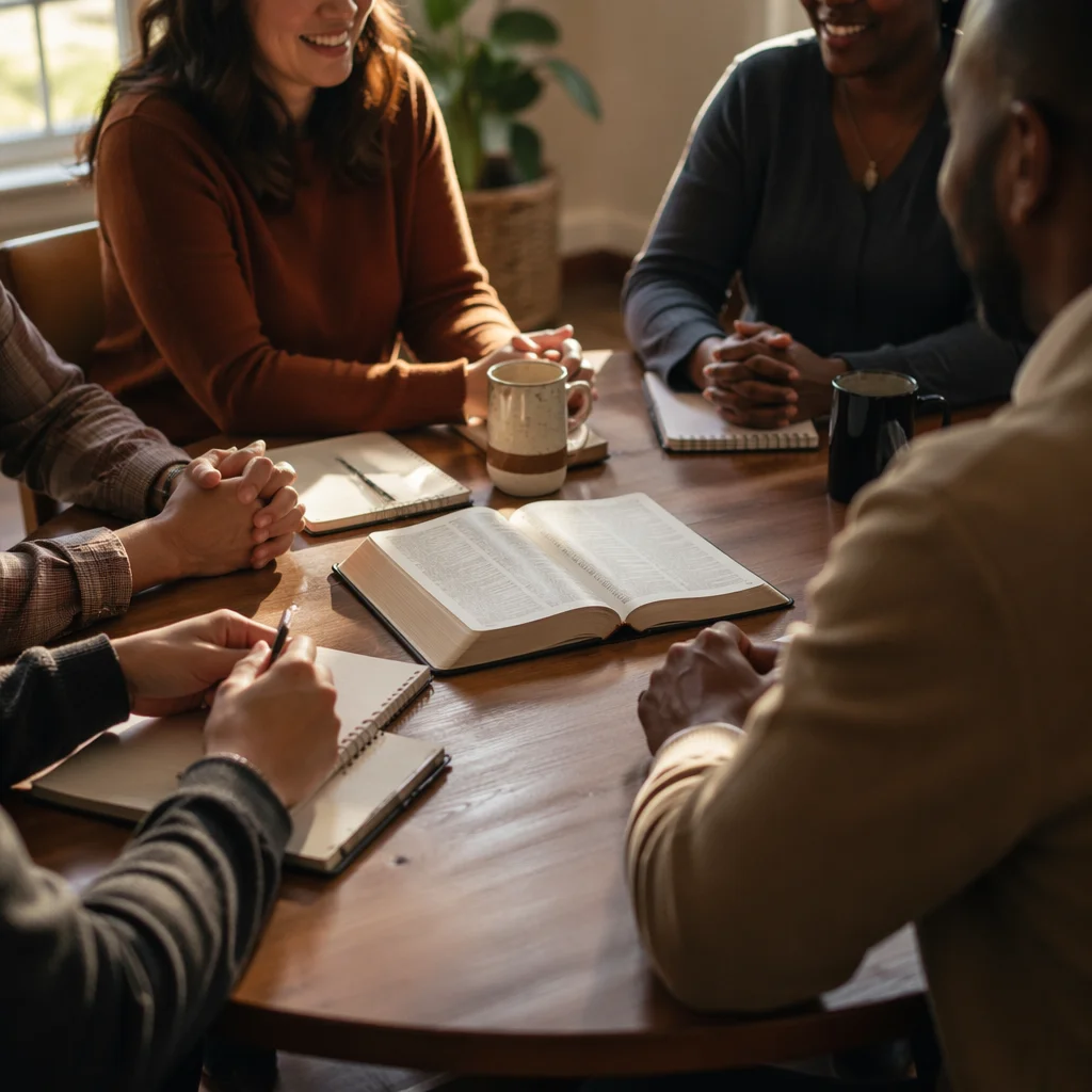 Multicultural Bible Study Around Wooden Table