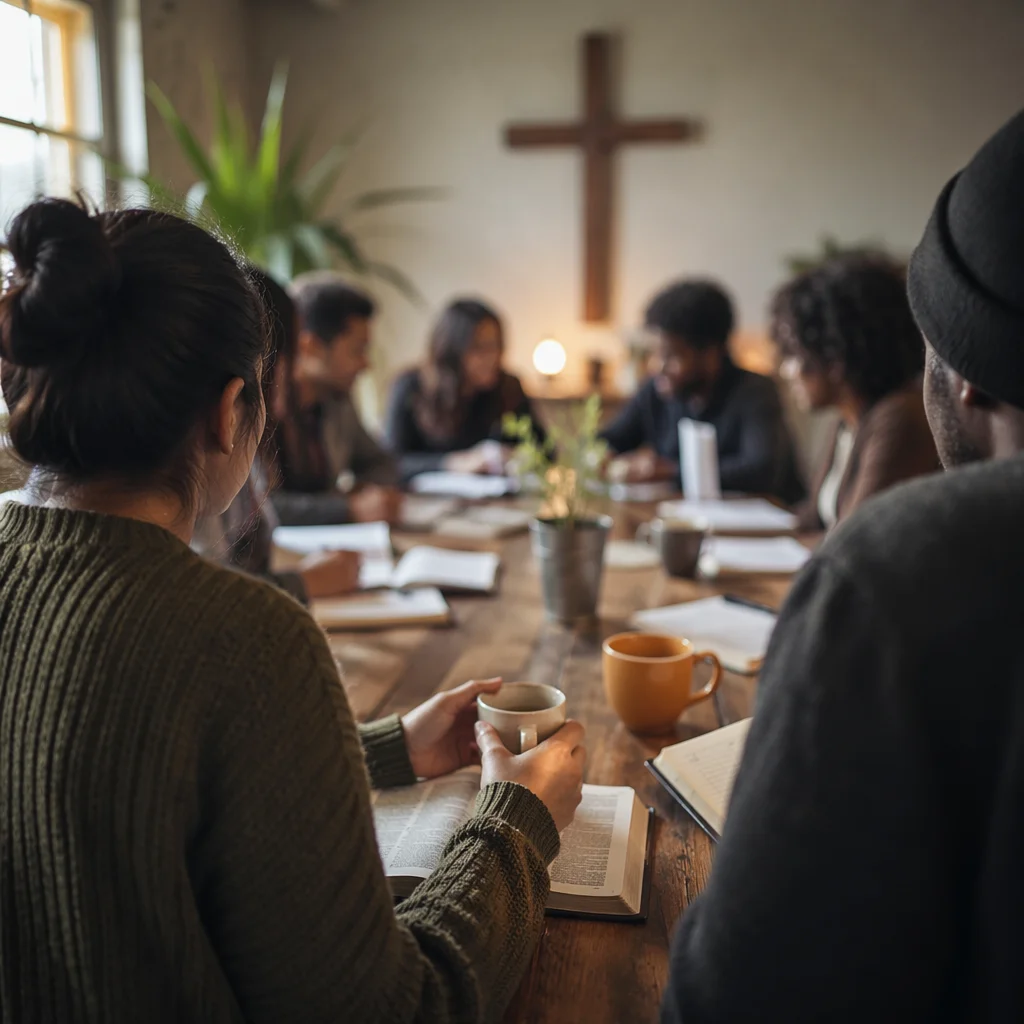 Multicultural Bible Study Fellowship Around Wooden Table