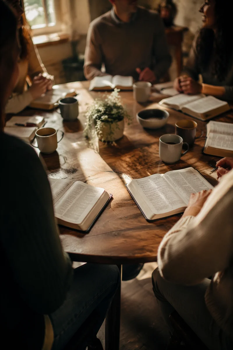 Multicultural Bible Study Fellowship Around Wooden Table