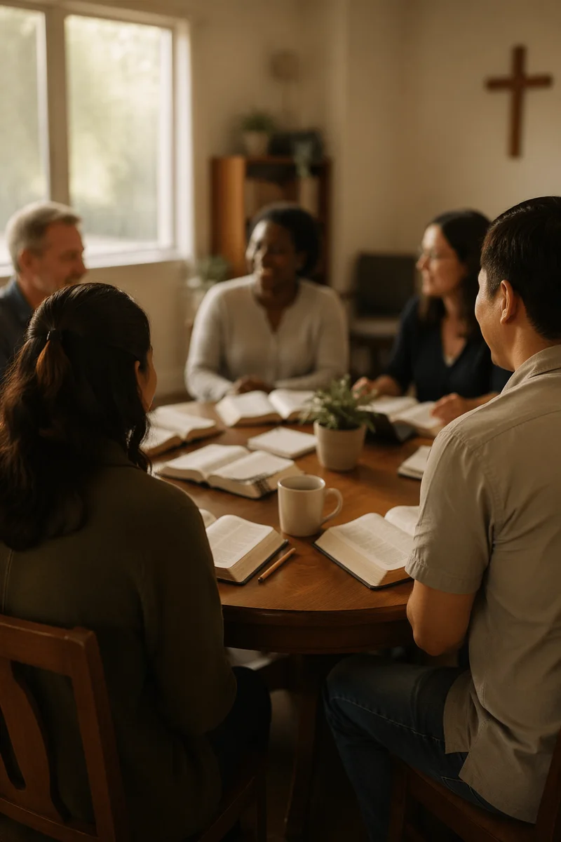 Multicultural Bible Study Fellowship Around Wooden Table