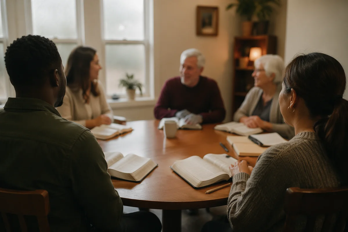 Multicultural Bible Study Fellowship Around Wooden Table