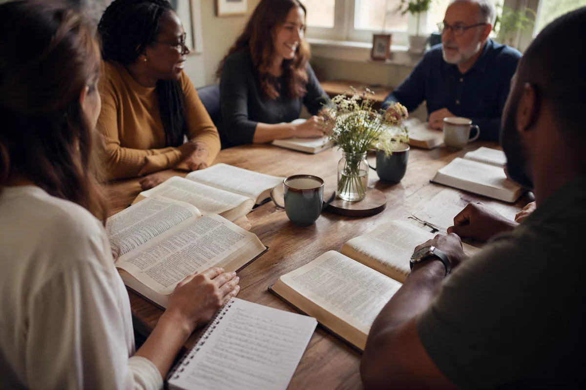 Multicultural Bible Study Around Wooden Table