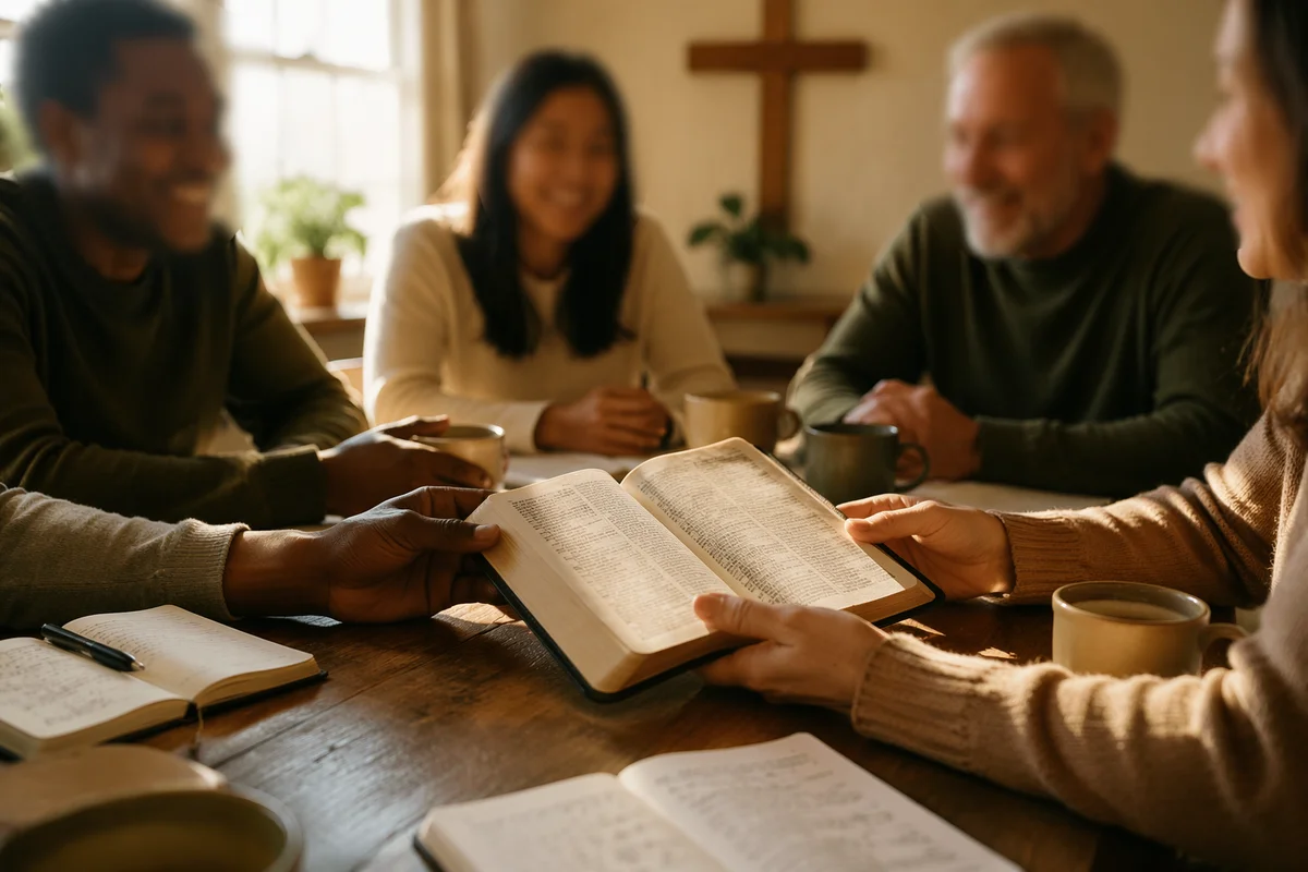 Multicultural Bible Study Around Wooden Table