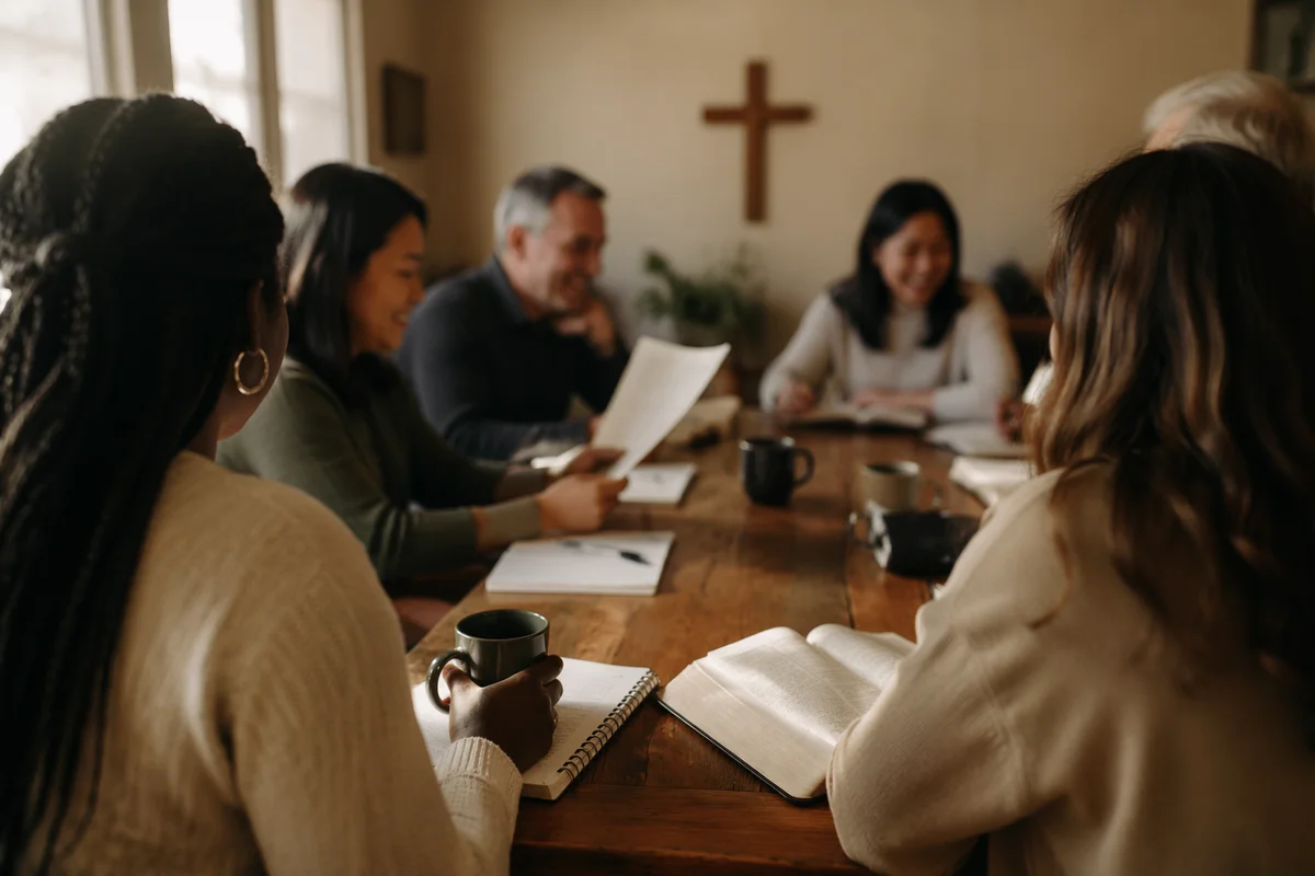 Multicultural Bible Study Fellowship Around Wooden Table