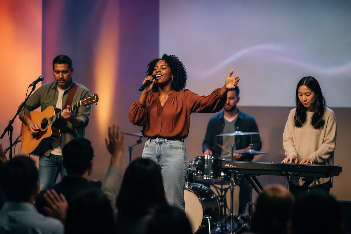 Diverse Worship Team Performing on Church Stage