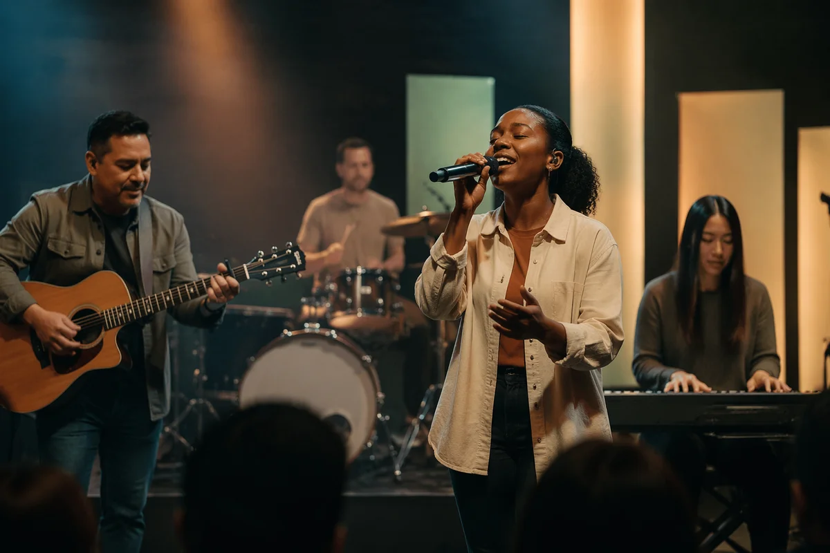 Multicultural Worship Team Rehearsing on Stage