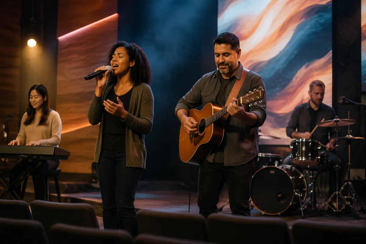 Multicultural Worship Team Rehearsing on Church Stage