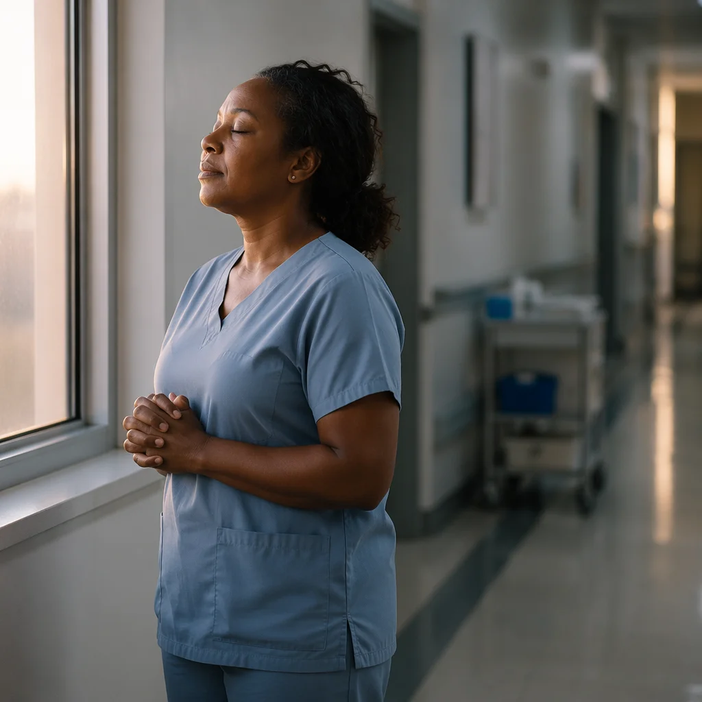 Nurse Pausing in Hospital Hallway Prayer
