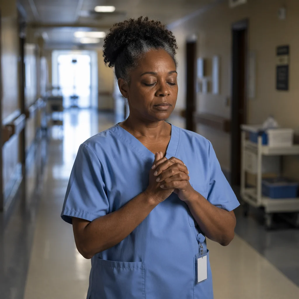 Nurse Pausing in Quiet Hospital Hallway