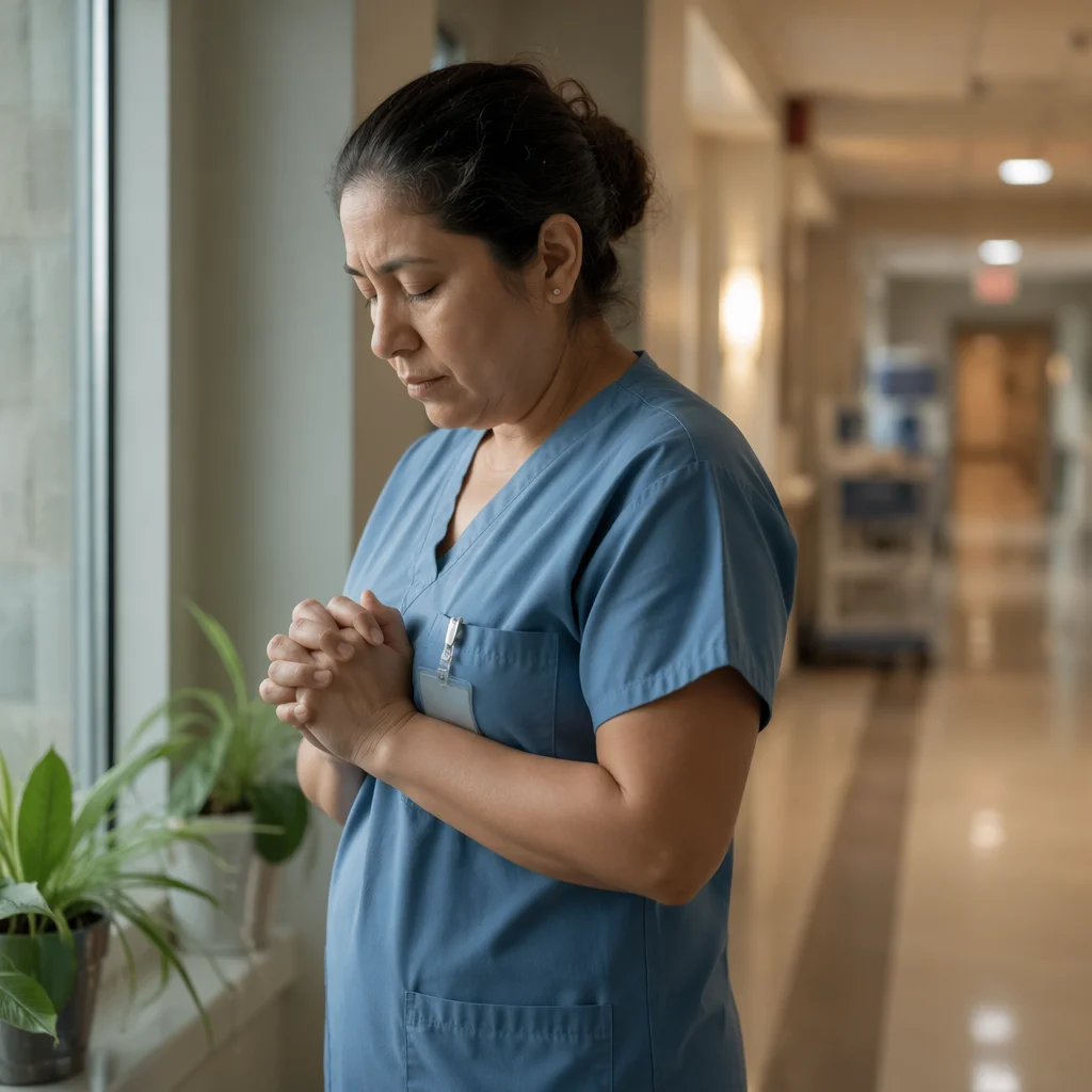 Nurse Pausing in Hospital Hallway Prayer