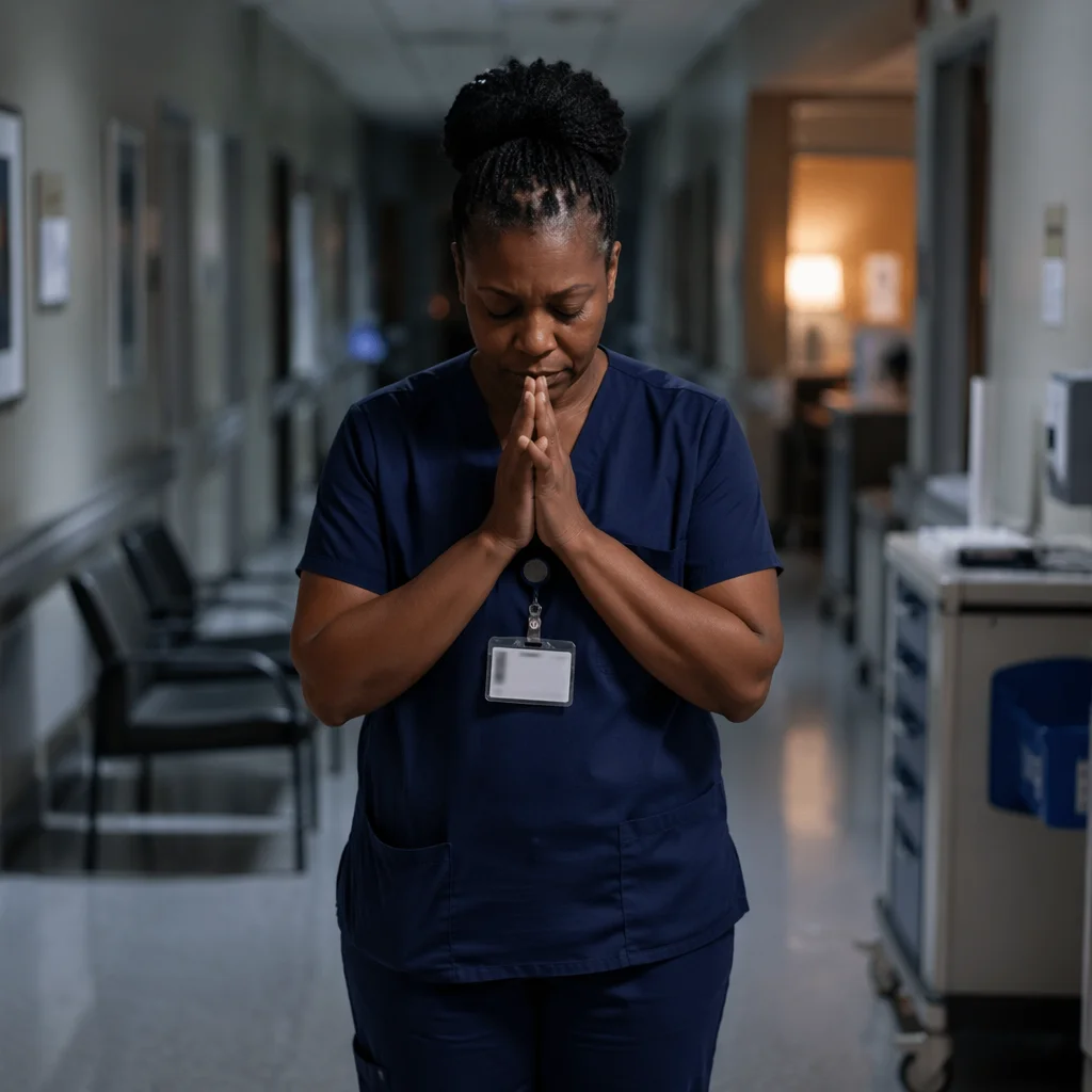 Nurse Praying in Quiet Hospital Hallway