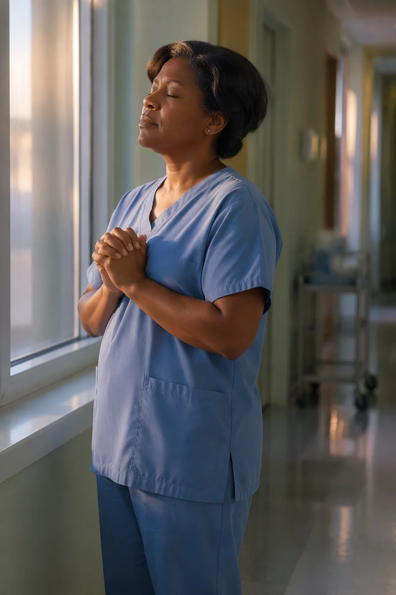 Nurse Pausing for Prayer at Dawn