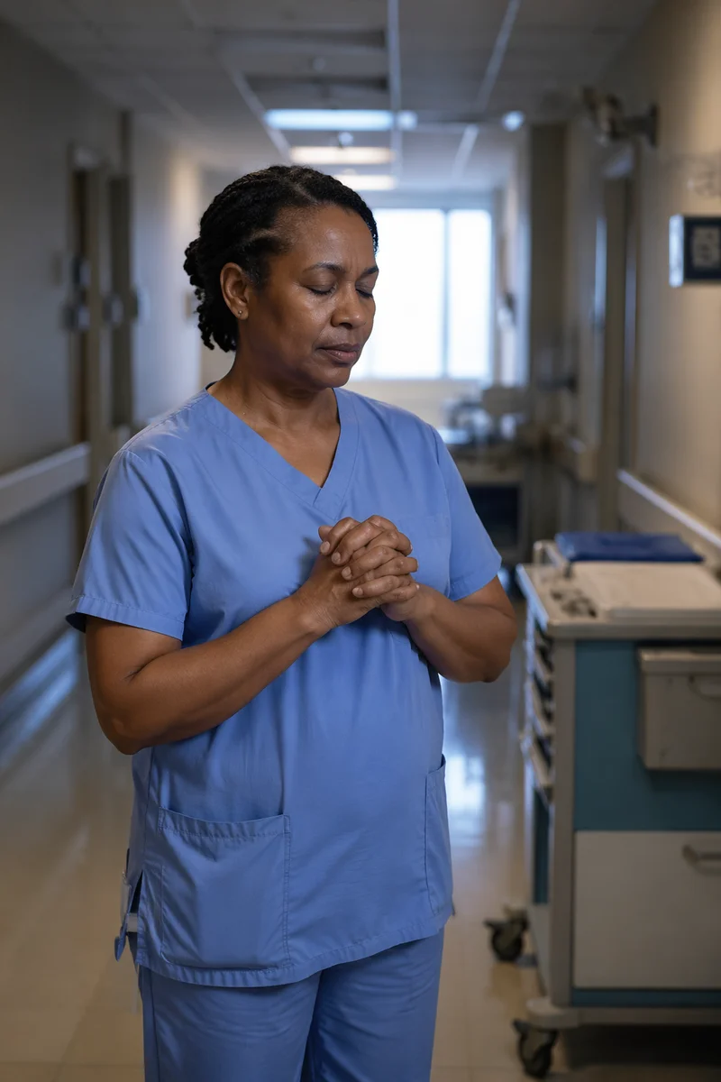 Nurse Pausing in Quiet Hospital Hallway