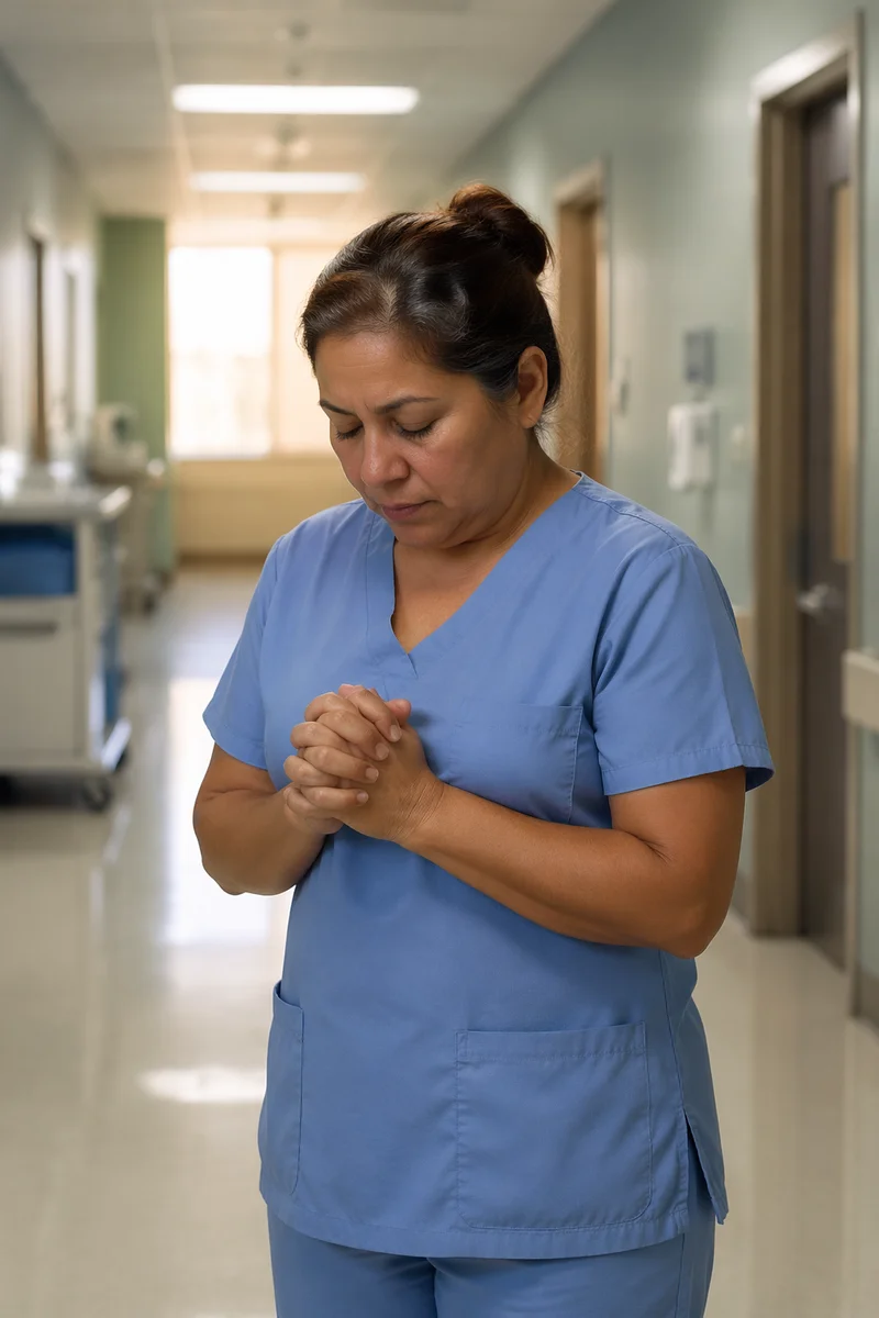 Nurse Praying in Quiet Hospital Hallway