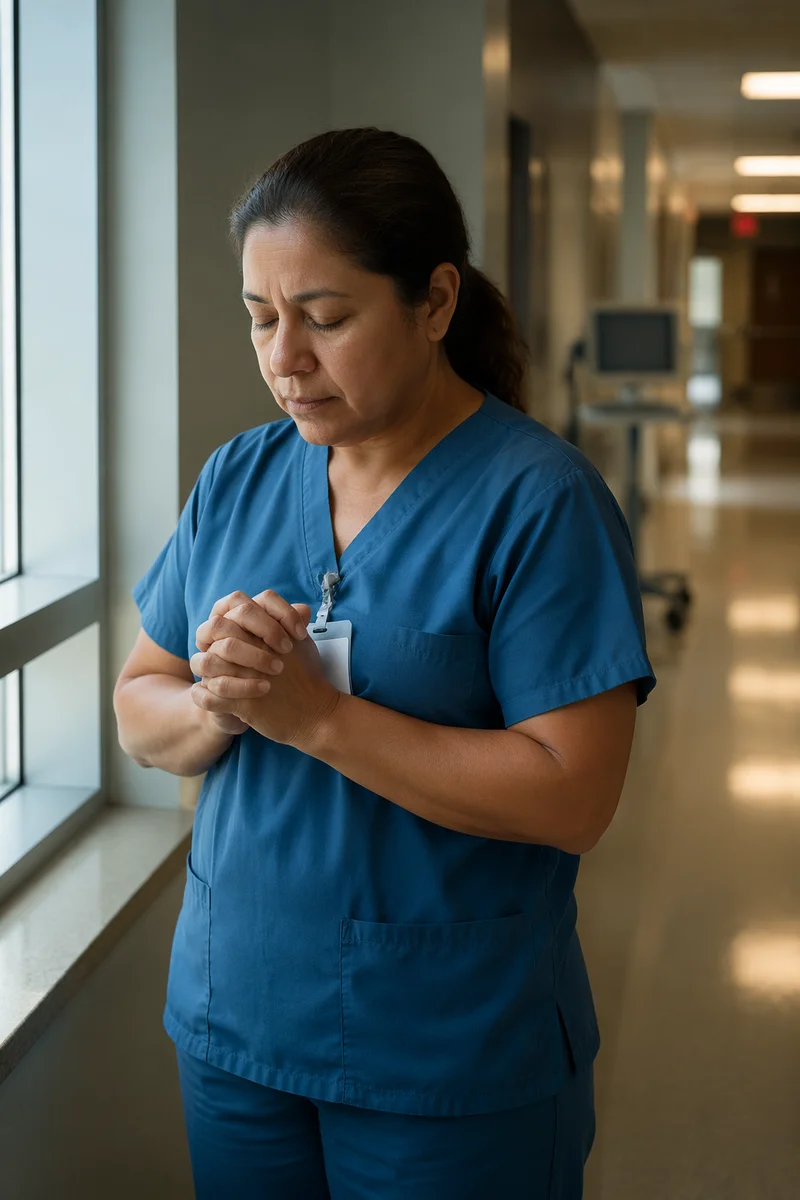 Nurse Praying in Hospital Hallway